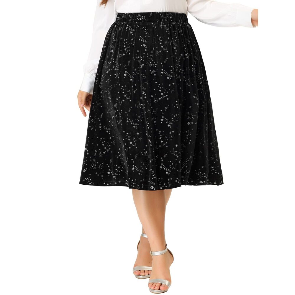 2390 Plus Size Velvet Skirts A-Line Elegant Knee Length Sequin Flare Skirt
